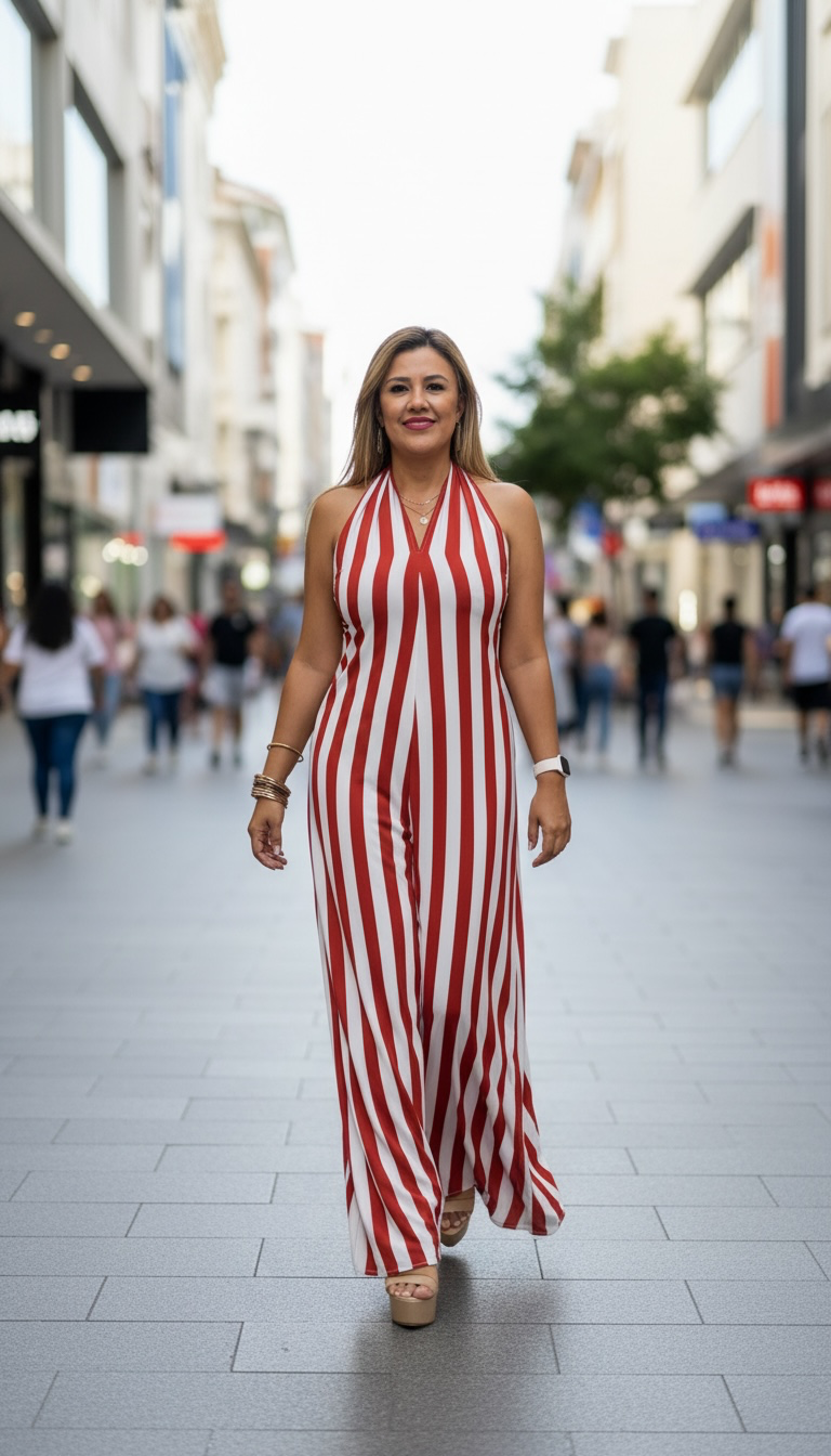 Vestido de Tirantes Cuello V Estampado a Rayas